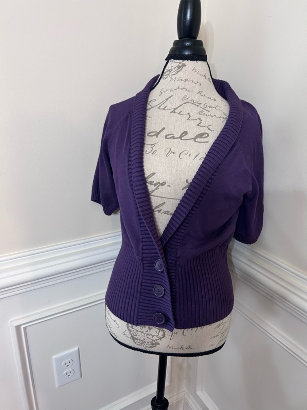 Willi Smith Deep Purple Short-Sleeve Ribbed‎ Button Cardigan